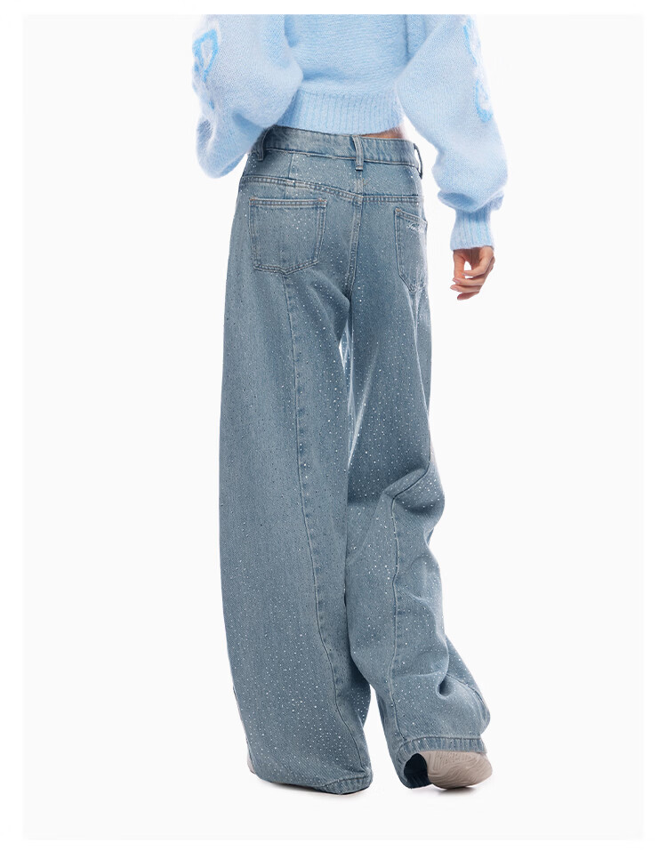 ANN ANDELMAN Starry Rhinestone Embellished Loose Straight-Leg Floor-Length Curved Hem Jeans Blue M (Ni Ni Style) 9