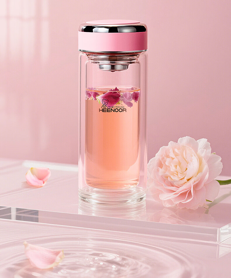 Xinuo Double-Layer Glass Cup 2026 New High-Value Water Cup for Women Home Office Tea Brewing Cup Peach Pink Soft Charm 325ml 2