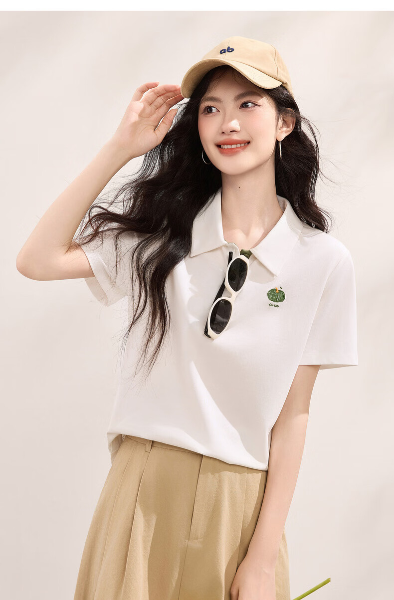 Sllsky Casual Polo Collar Short Sleeve Women's T-Shirt 2026 Summer New Versatile Fashion Embroidered Shoulder Tee 16