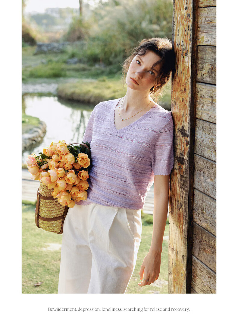 Olrain Purple V-Neck Hollow Casual Simple Short Sleeve Pullover Knit Top for Women, Size M 20