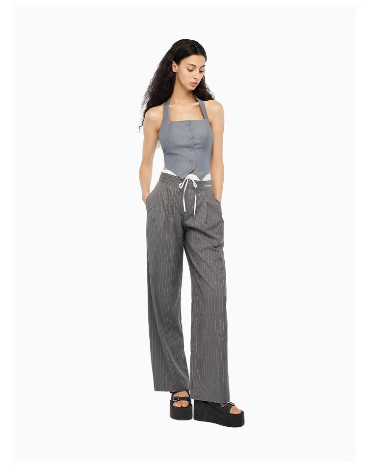 ANN ANDELMAN Official Straight-Leg Elastic Waist Spliced Striped Casual Trousers Gray M Celebrity Style 4