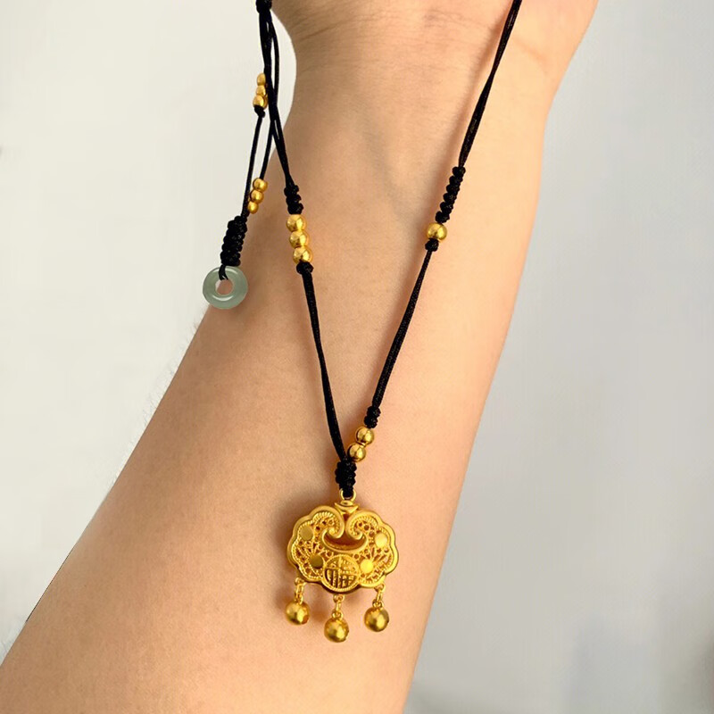 老凤凰黄金锁包999足金平安锁包项链福字花丝锁骨链编织黑绳如意吊坠