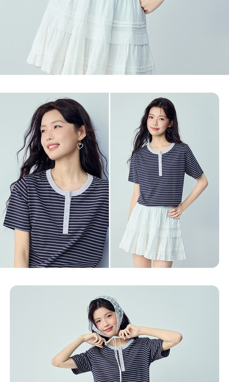 Giordano Women's Striped Cotton Retro Color-Block Henley Short Sleeve T-Shirt Summer New 13326233 15