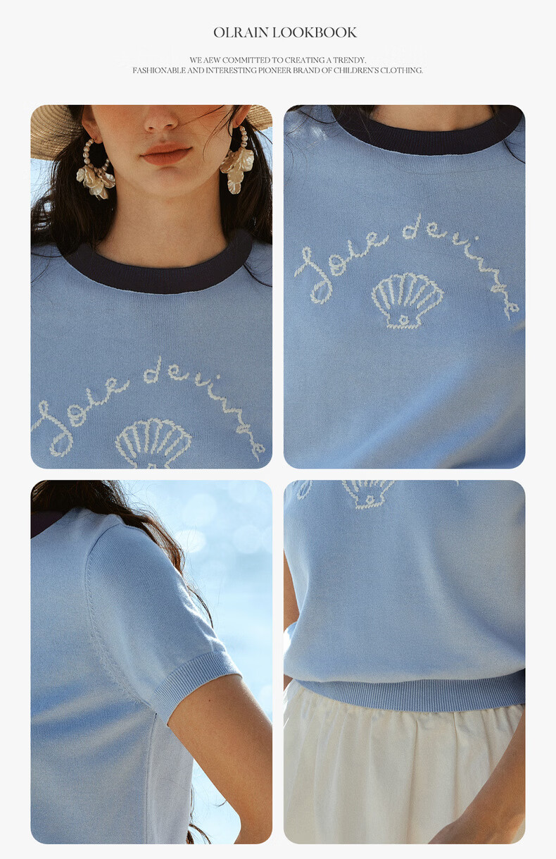 Olrain Oureier New Summer Jacquard Embroidered Round Neck Casual Short Sleeve Knit Pullover Top for Women Blue S 12