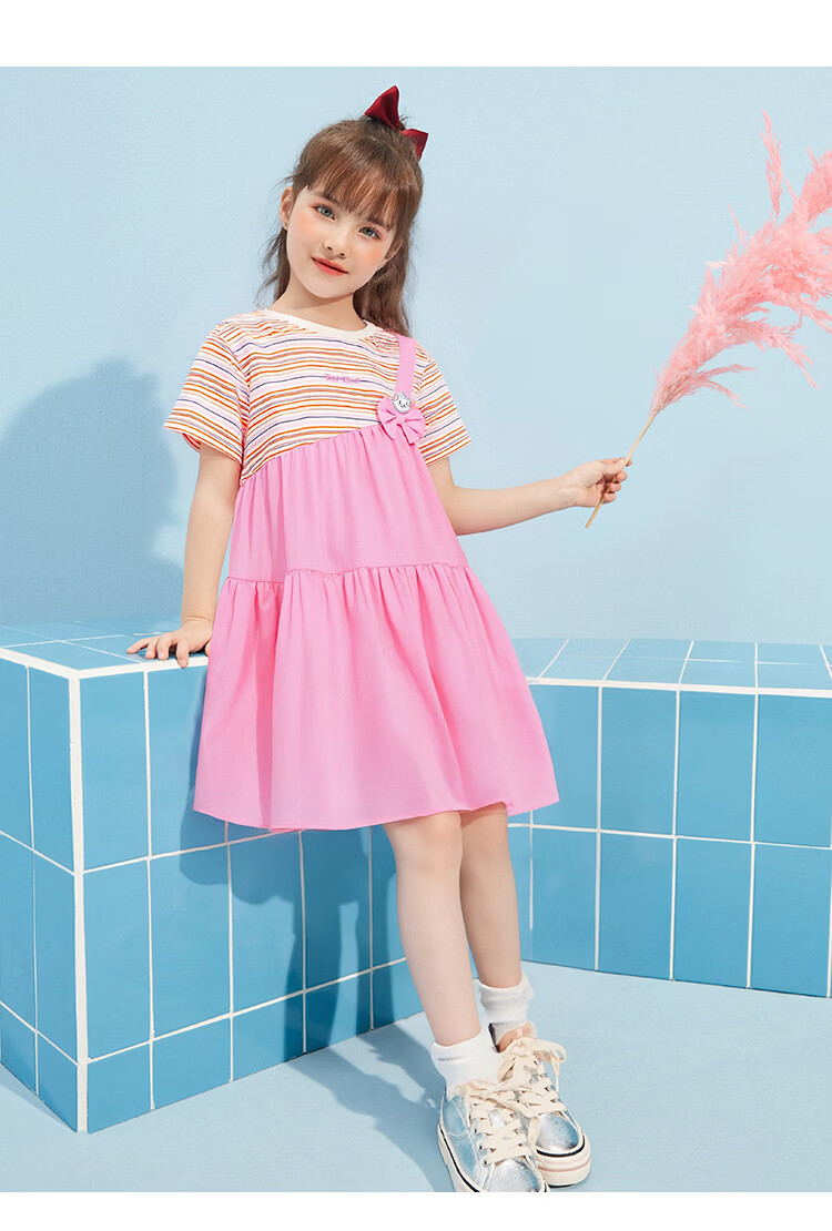 Disney Girls' Dress Big Kids Princess Dress Summer Children's Dress Faux Two-Piece Spliced Dress Peach Pink 110 15