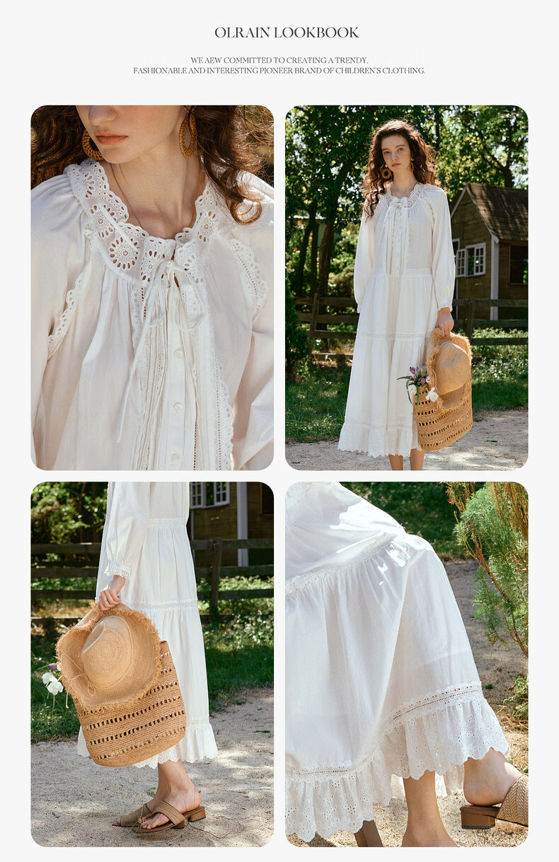 Olrain French Embroidered Hollow Lace Collar Long Sleeve Dress Women Spring Loose Elegant Long Dress White S 13