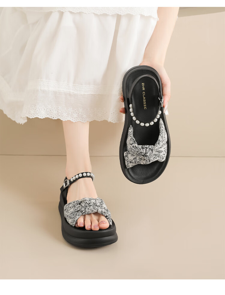 ZHR Women's Summer New Thick Sole Height Increasing Sandals with Bow Black 37 15
