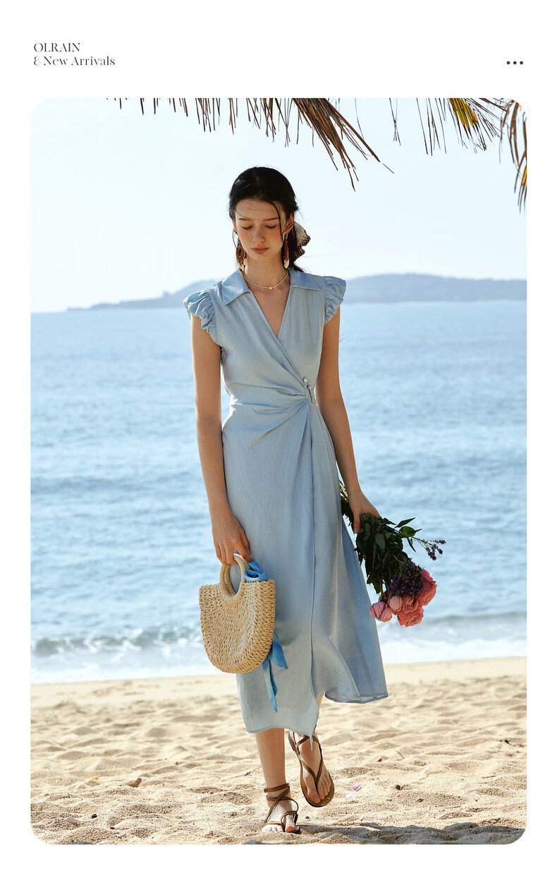 Olrain French Style Lace-Up Waist Design New Vacation Casual Puff Sleeve Dress Blue XL 2