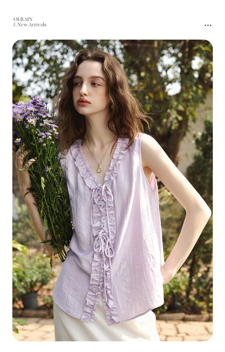 Olrain French Style Heavy Embroidered Ruffled V-Neck Sleeveless Shirt Women Summer New Loose Top Purple S 9