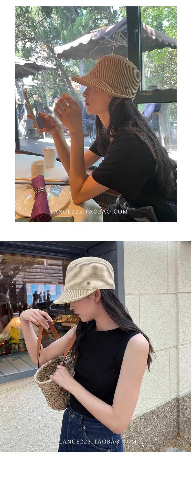 Lagur Casual Straw Baseball Cap Sunshade Wide Brim Roll-up Visor Korean Style Women's Summer Thin Black 11