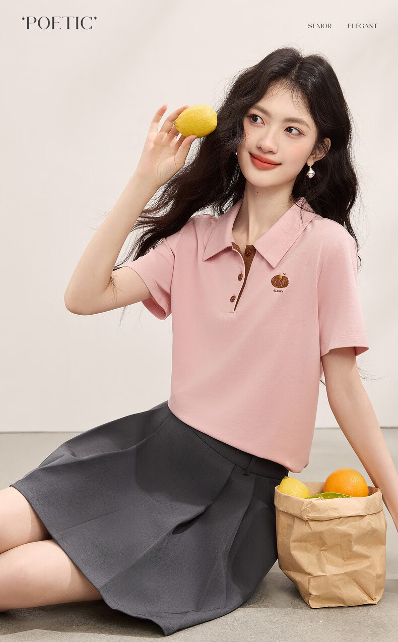 Sllsky Casual Polo Collar Short Sleeve Women's T-Shirt 2026 Summer New Versatile Fashion Embroidered Shoulder Tee 2
