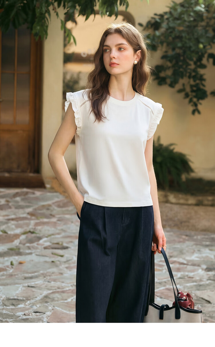 Olrain French Style Ruffled Sleeve Summer Casual Commuter Pullover T-Shirt for Women White L 8