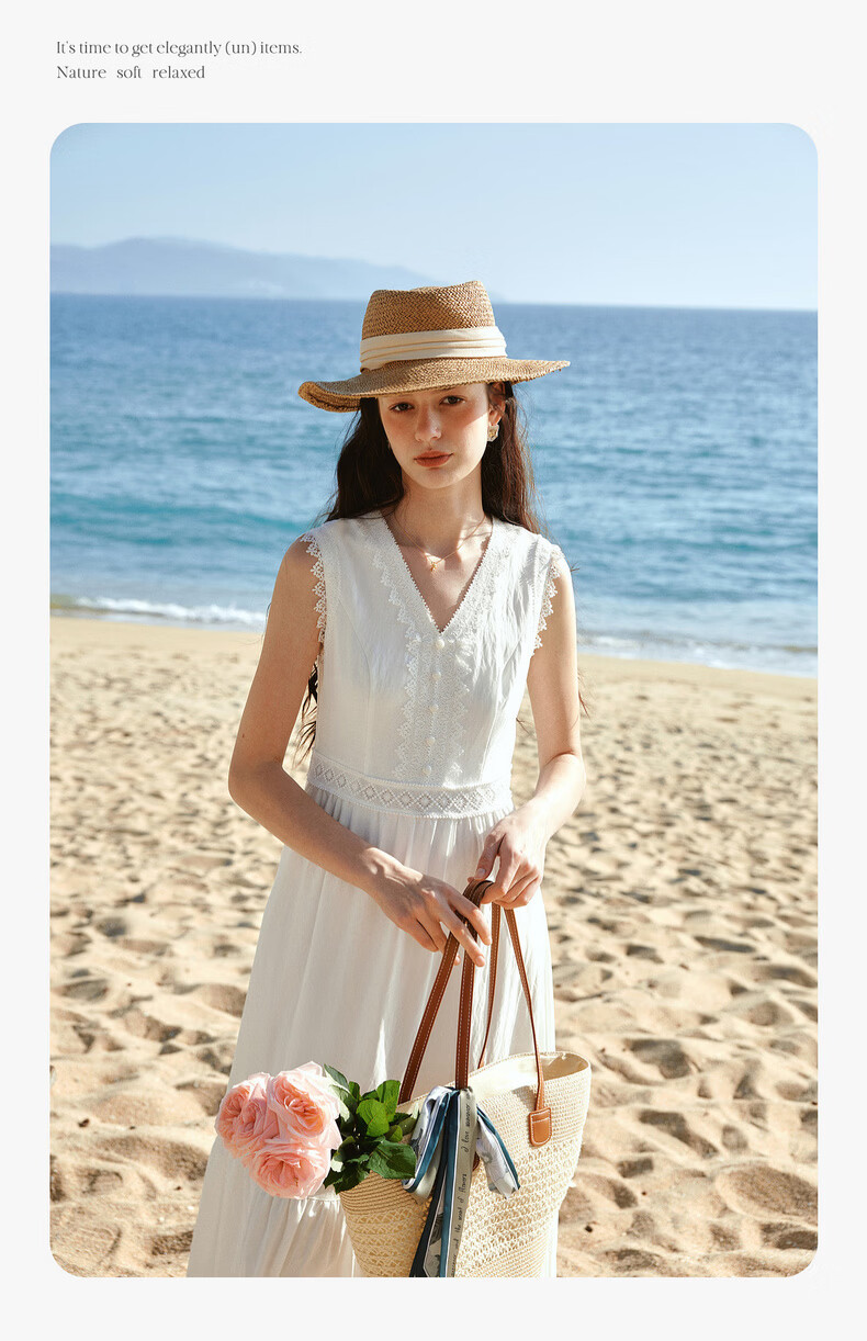 Olrain French Style V-Neck Lace Trim Waist Cinched Sleeveless Vest Dress Long Dress White M 13