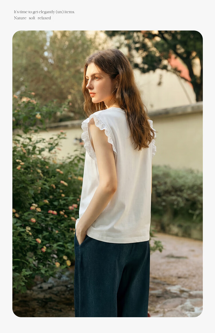 Olrain French Style Ruffled Sleeve Summer Casual Commuter Pullover T-Shirt for Women White L 6