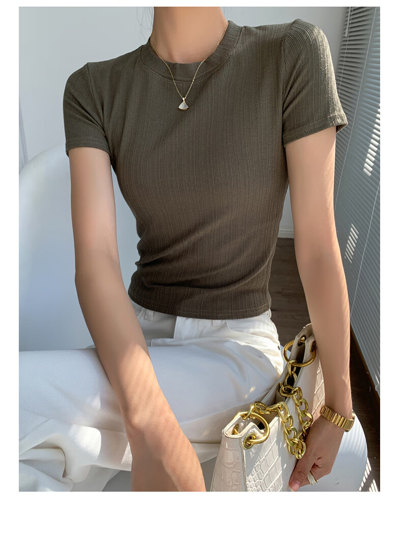 Langsha Knitted Short Sleeve Base Shirt for Women Spring Summer Casual Slim Fit T-Shirt 20