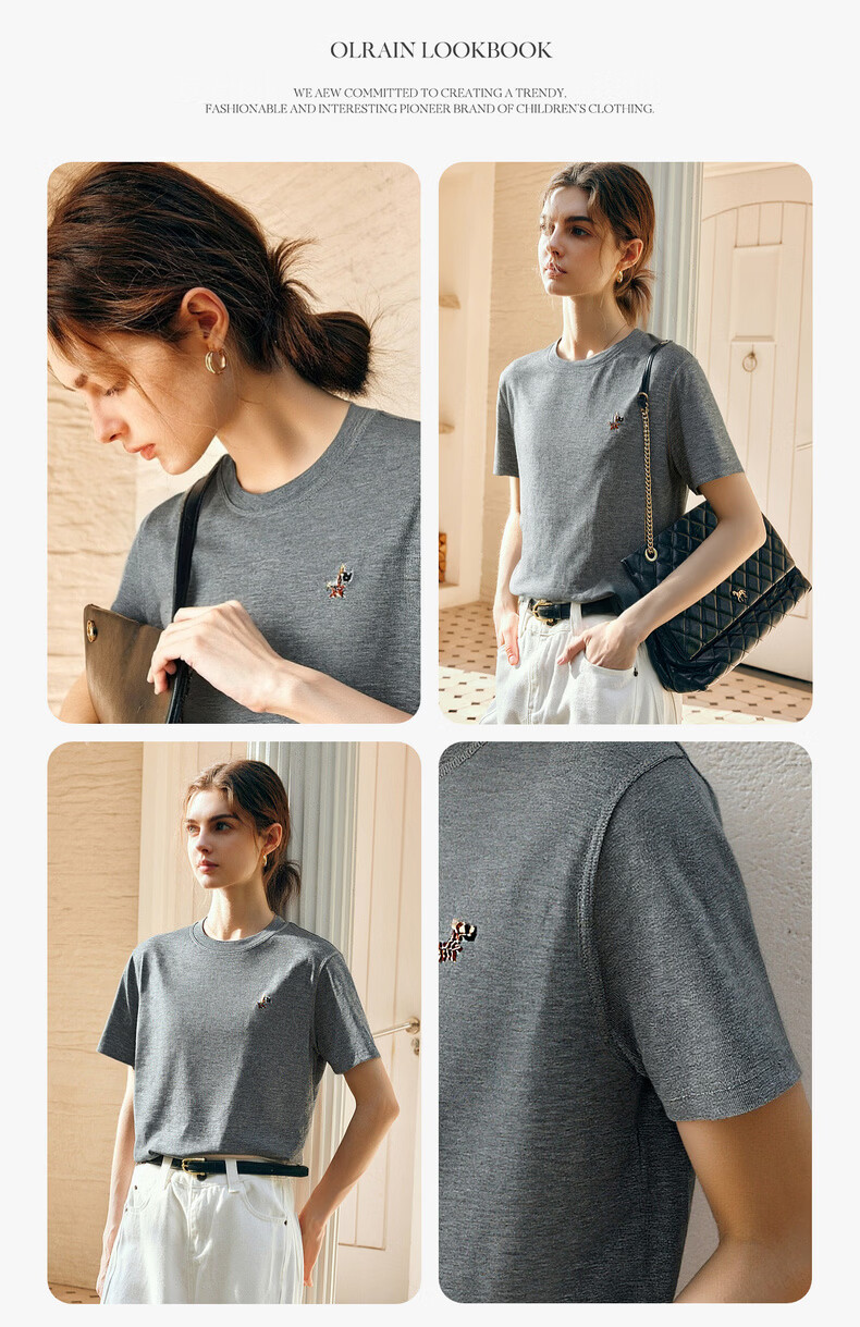 Olrain Eurail Summer New Round Neck Casual Fashion Versatile Embroidered Short Sleeve T-Shirt for Women Gray S 6