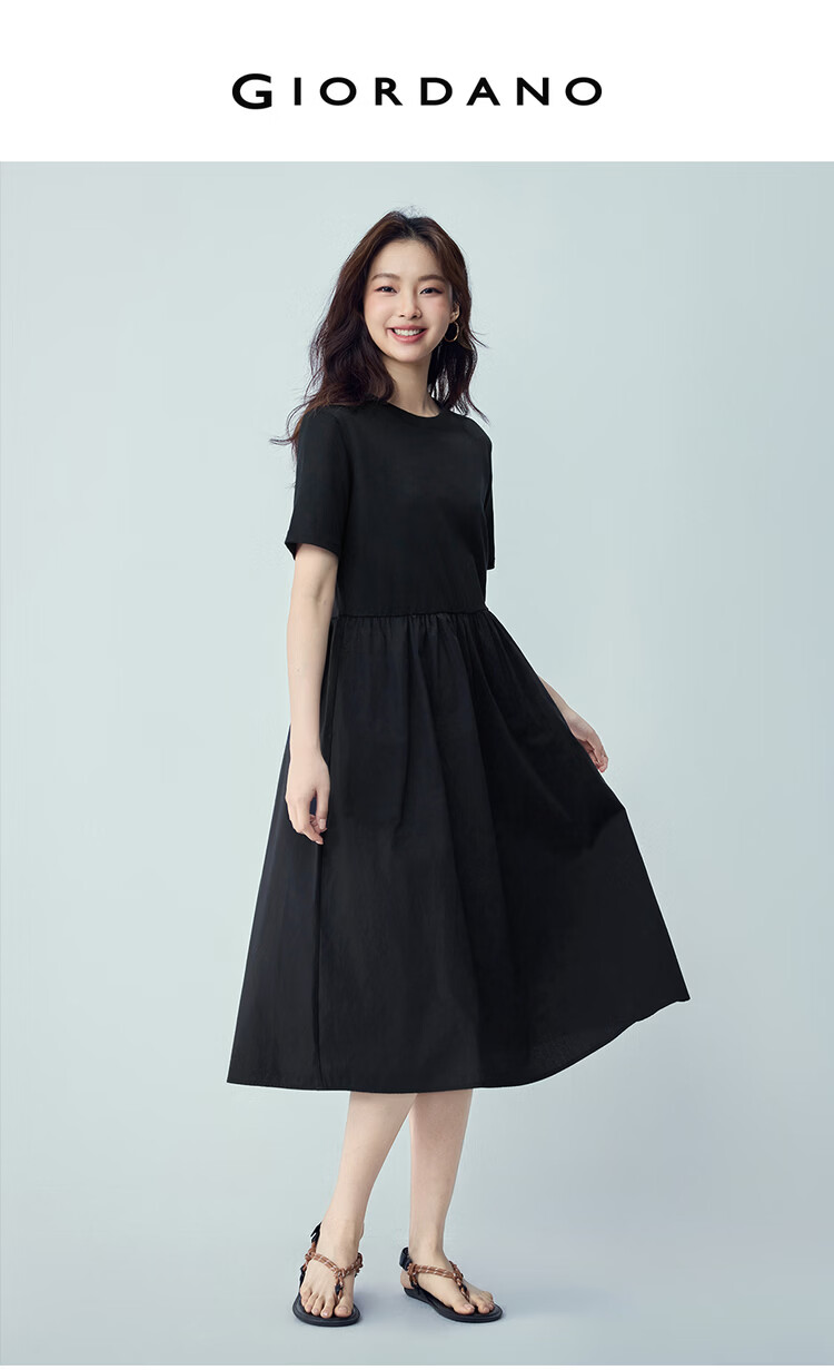 Giordano Women's Short Sleeve Dress Summer New Little Black Dress Spliced Hem Waist Cinched Round Neck Dress 13466297 3