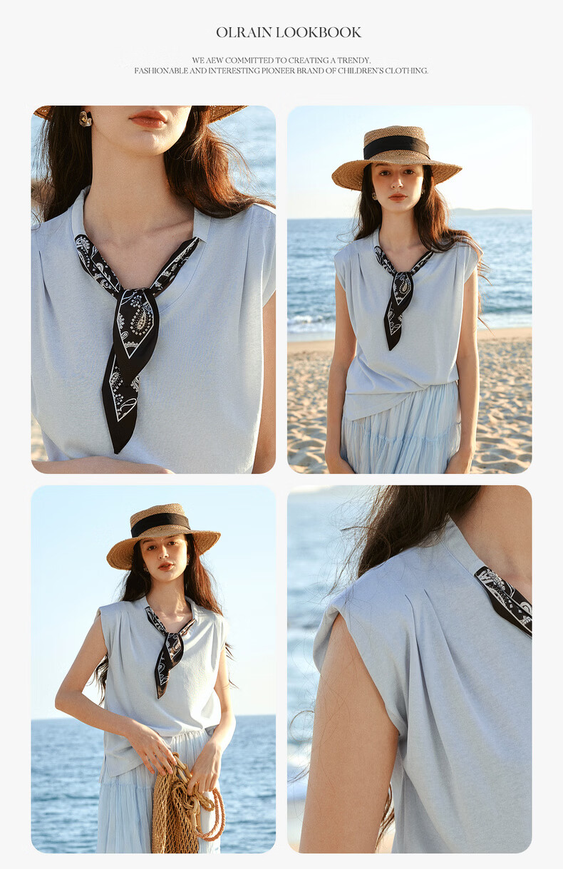 Olrain Eurier Scarf Collar Short Sleeve T-Shirt Women Summer New Casual Simple Commuter Knit Top Blue S 15
