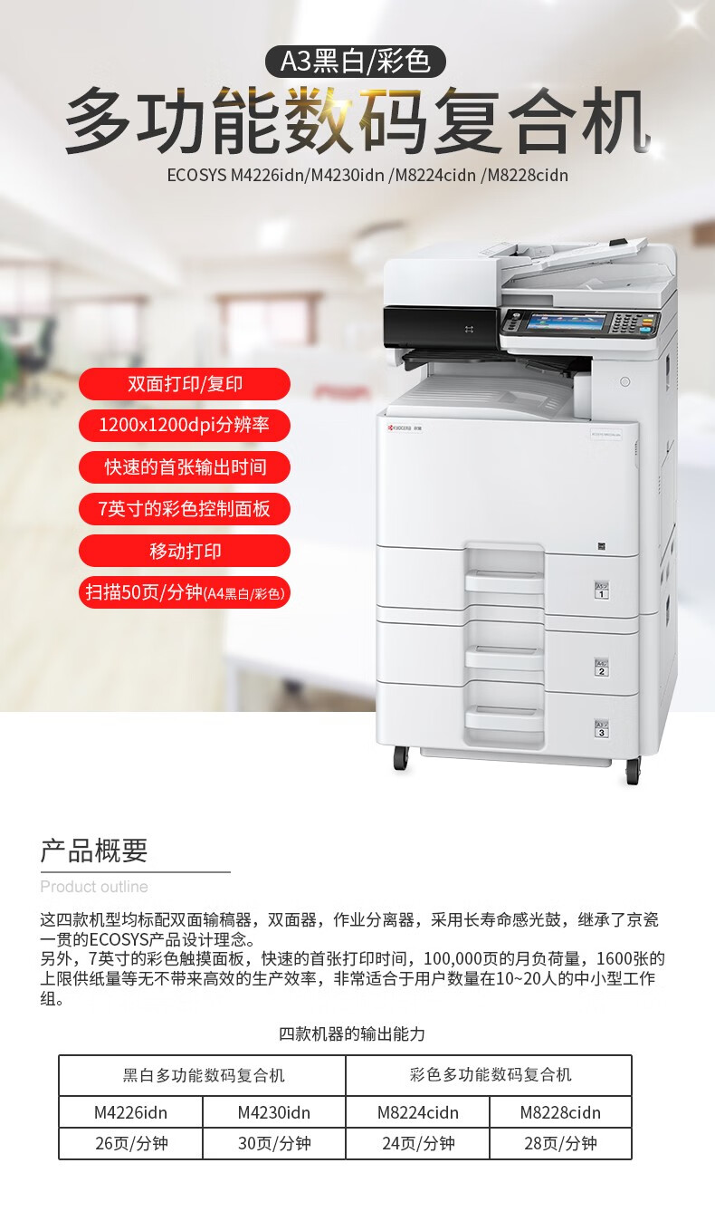 京瓷(kyocera) ecosys m8224cidn a3彩色多功能数码复合机 标配(含