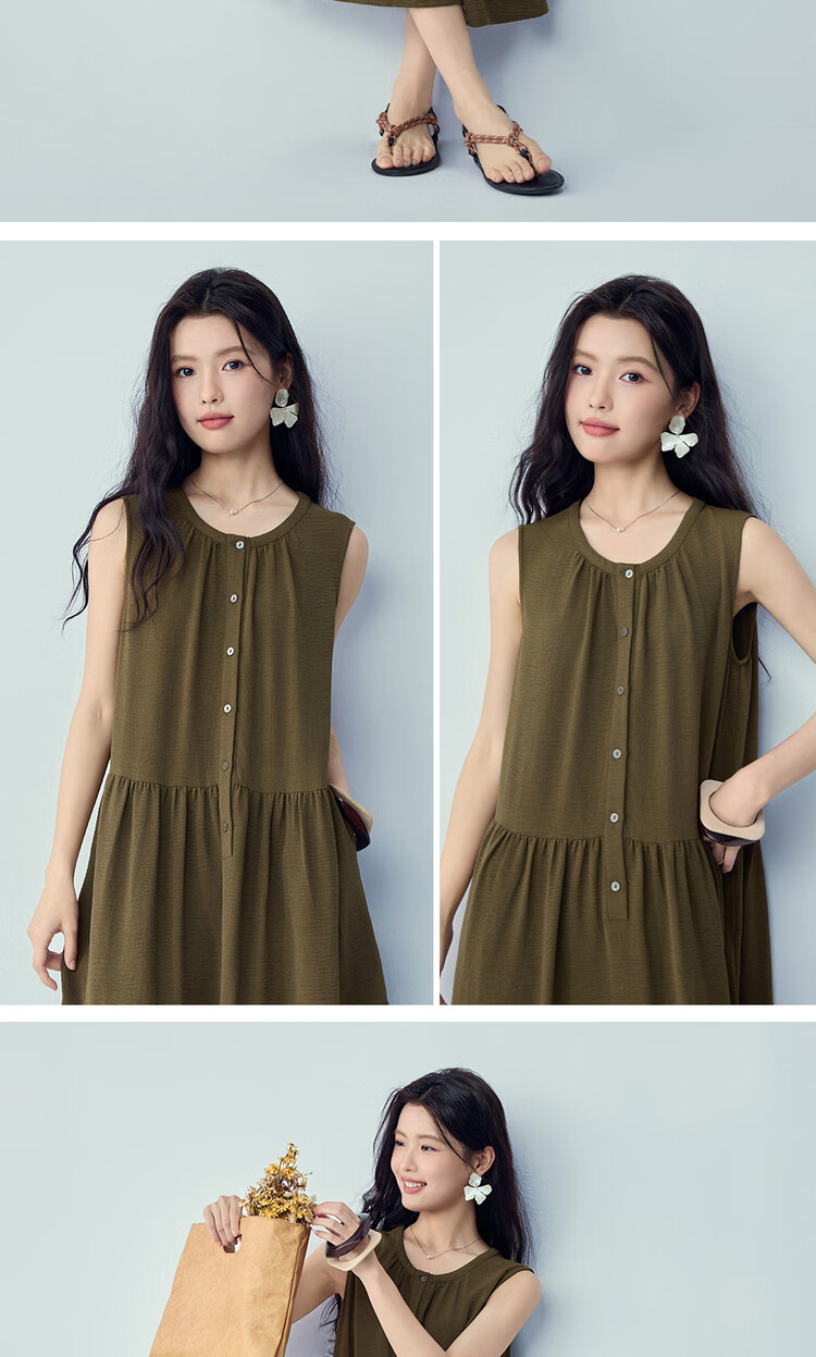 Giordano Women's Loose Sleeveless Dress Wrinkled Texture Crushed Pleated Round Neck Tank Dress 13466265 9