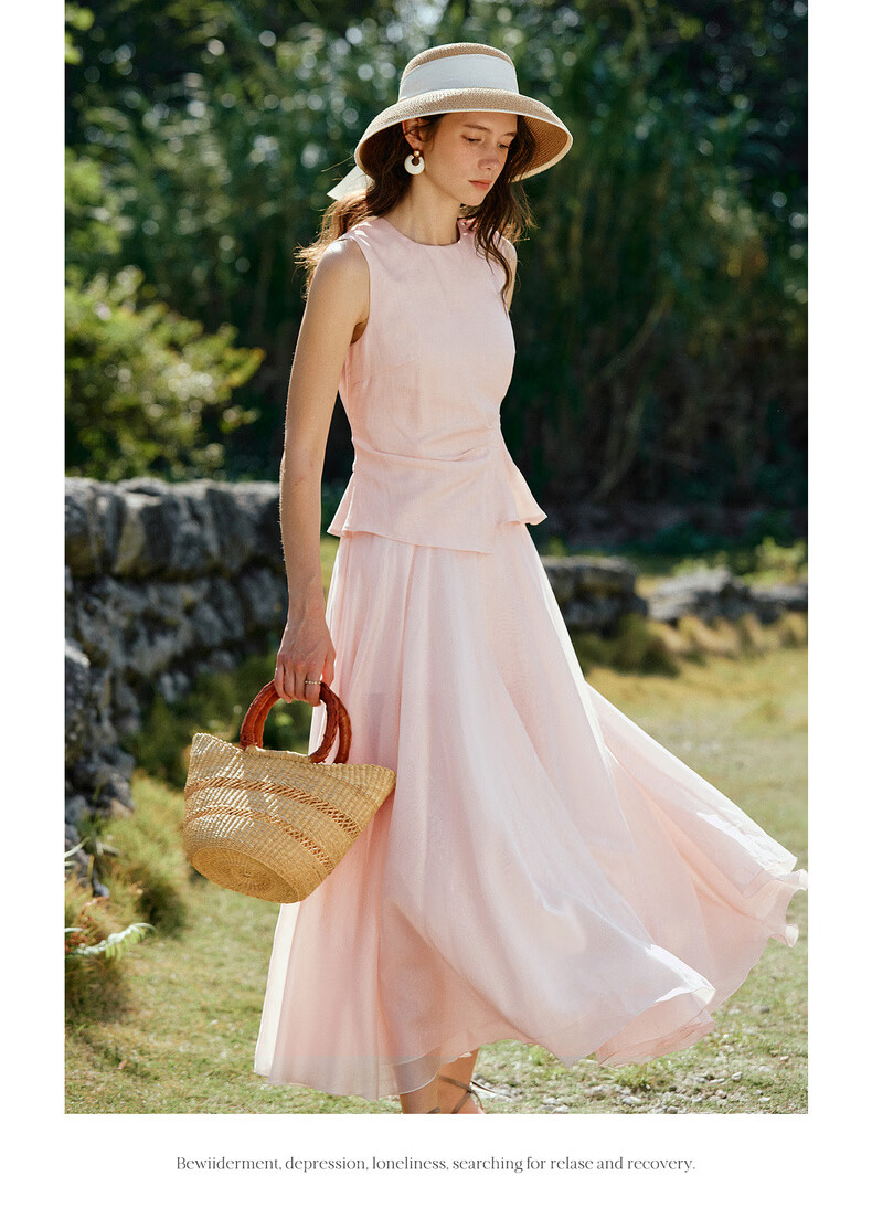 Olrain Eurier Summer Lyocell Linen Dress Women Fake Two-Piece Vest Dress Light Pink M 15