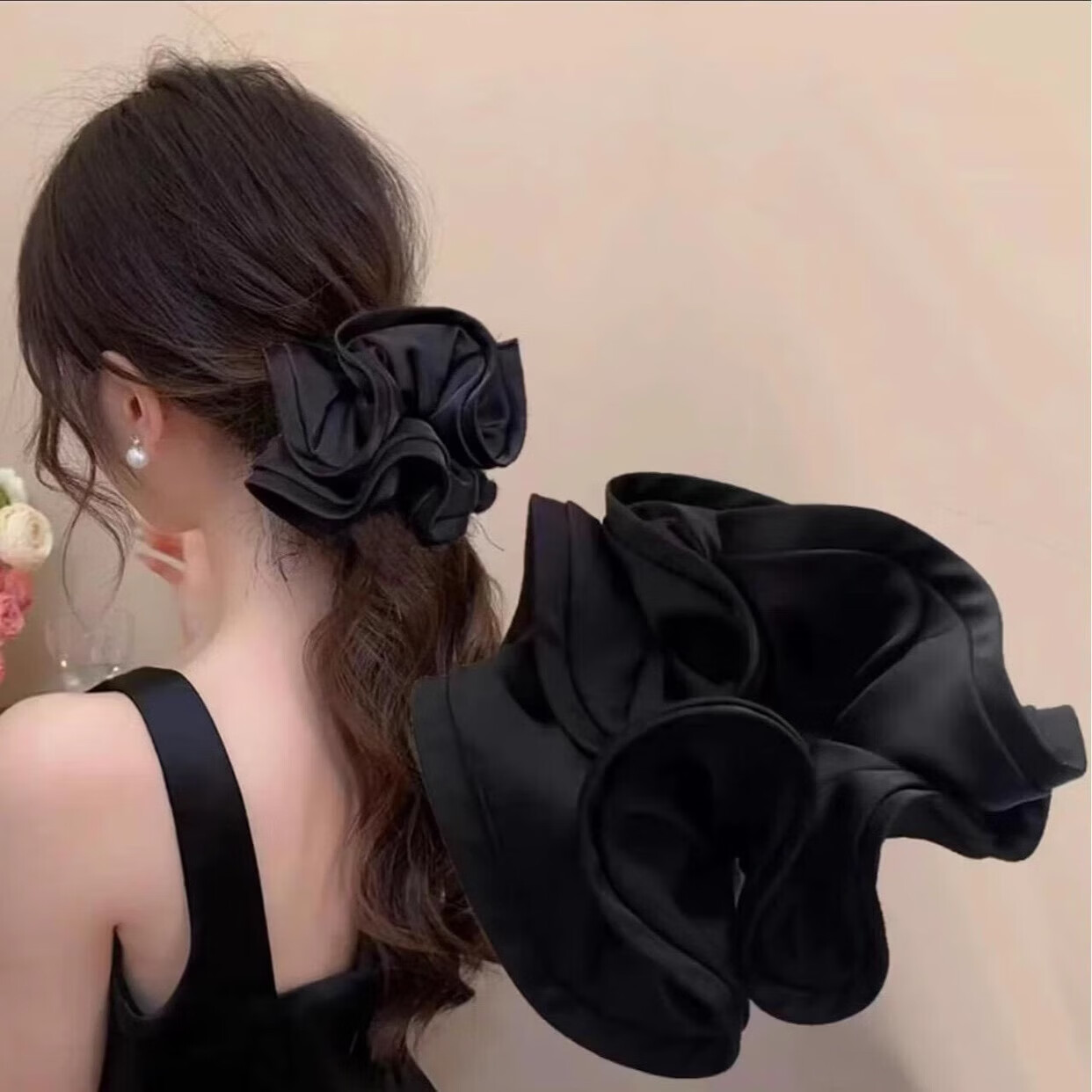 Dongyi Premium Satin Ruffled Large Hair Tie New Style Ponytail Hair Band for Women Bun Hair Accessory 3