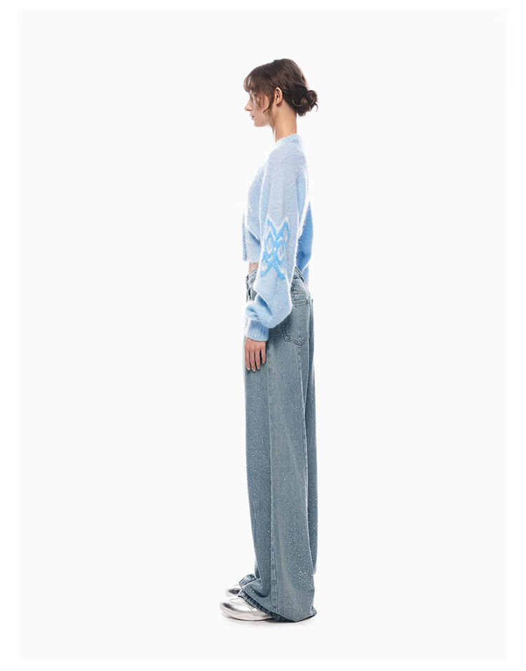 ANN ANDELMAN Starry Rhinestone Embellished Loose Straight-Leg Floor-Length Curved Hem Jeans Blue M (Ni Ni Style) 5