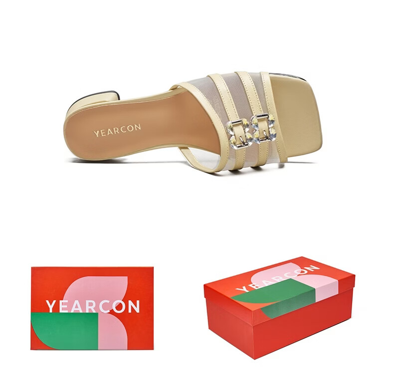 Eierkang Niche Low-Heel Open-Toe Slide Sandals Women Square Toe Low-Heel Mom Shoes 27602W Yellow Size 35 13
