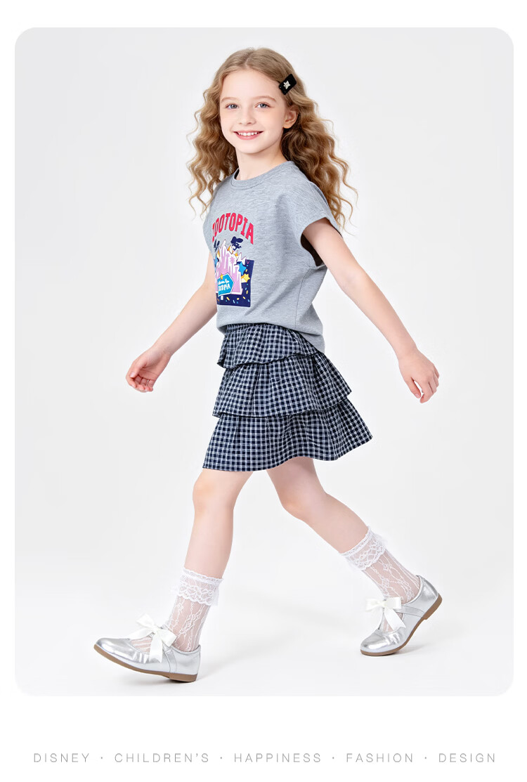 Disney Girls' Outfit 2026 Summer New Plaid Short Sleeve Dress Two-Piece Set Girls' Skirt Set 160 15