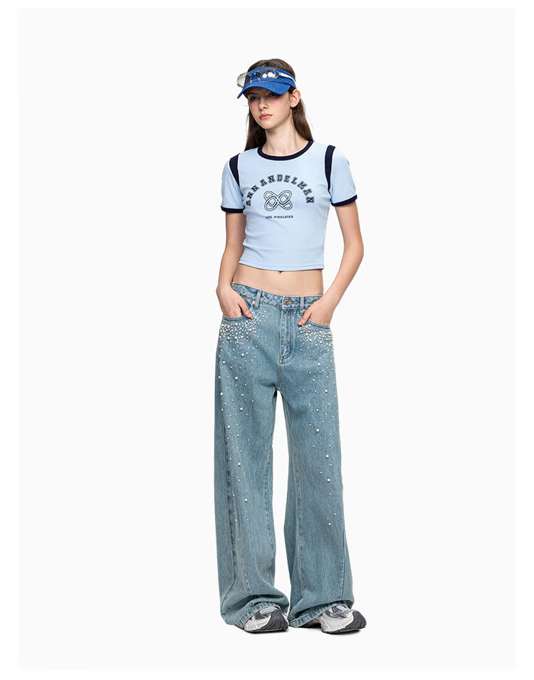 ANN ANDELMAN Curved Leg Wide-Leg Jeans with Rhinestone Pearls Washed Vintage Denim Blue Size 24 - Wuwenwen Same Style 7