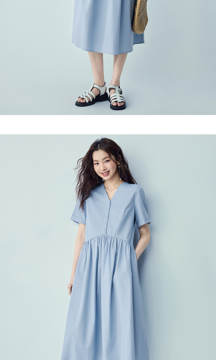 Giordano Women's Short Sleeve Dress 2026 Summer New Lyocell Cotton Spliced Pleated V-Neck Dress 13466253 16