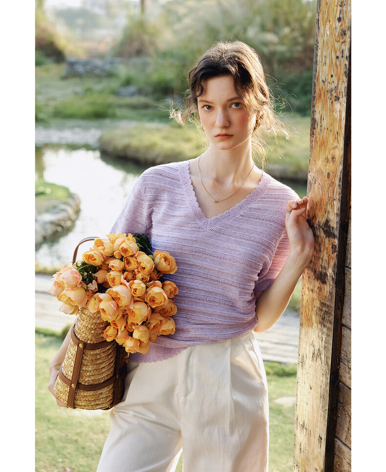 Olrain Purple V-Neck Hollow Casual Simple Short Sleeve Pullover Knit Top for Women, Size M 19