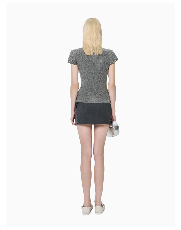 ANN ANDELMAN Galaxy Series Pearl and Diamond Embellished Semi-Turtleneck Short Sleeve Knit Top Fashion Slim Fit Gray XS 6
