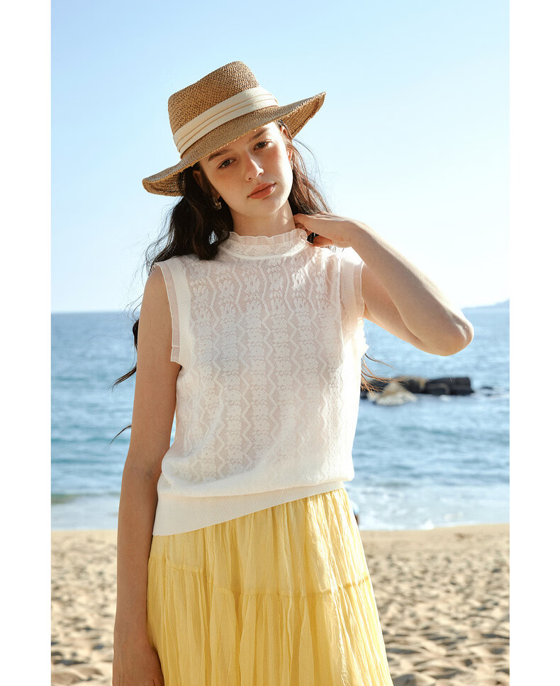 Olrain French Lace Jacquard Lace Shirt Summer New Women's Casual Vest Knitwear White S 13