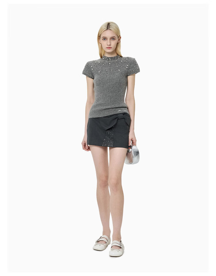 ANN ANDELMAN Galaxy Series Pearl and Diamond Embellished Semi-Turtleneck Short Sleeve Knit Top Fashion Slim Fit Gray XS 4