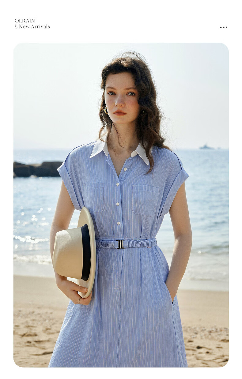 Olrain European Style Summer French Commuter Striped Shirt Dress Waist Slimming Elegant Short Sleeve Dress Blue S 2