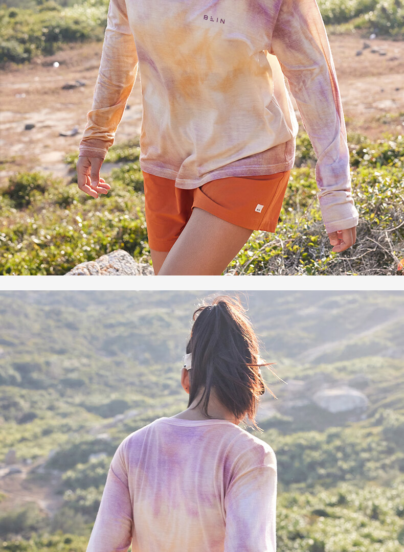BEIN SPACE Spring New Merino Wool Handmade Tie-Dye Sports Outdoor Breathable Long Sleeve T-Shirt J026 Sunset Orange L 22