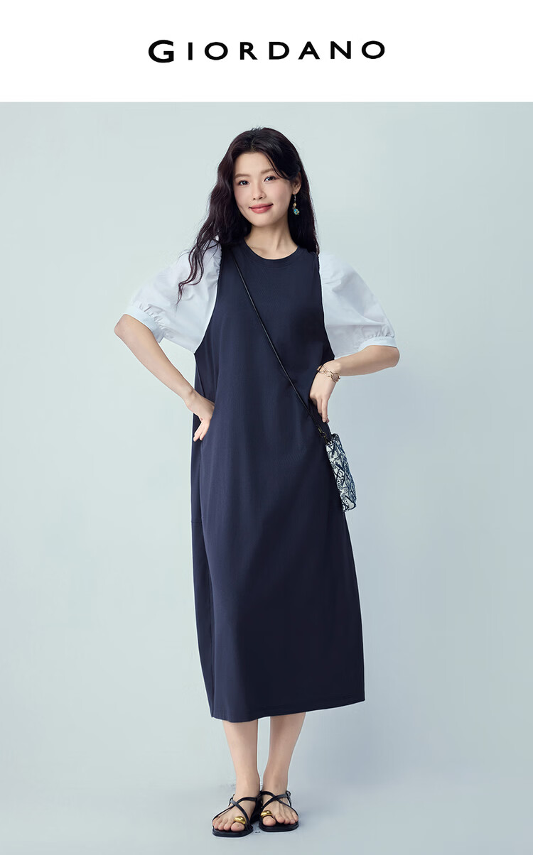 Giordano Women's Loose Dress 2026 Summer Fake Two-Piece Spliced Mid Sleeve Round Neck Cocoon Dress 05466456 3