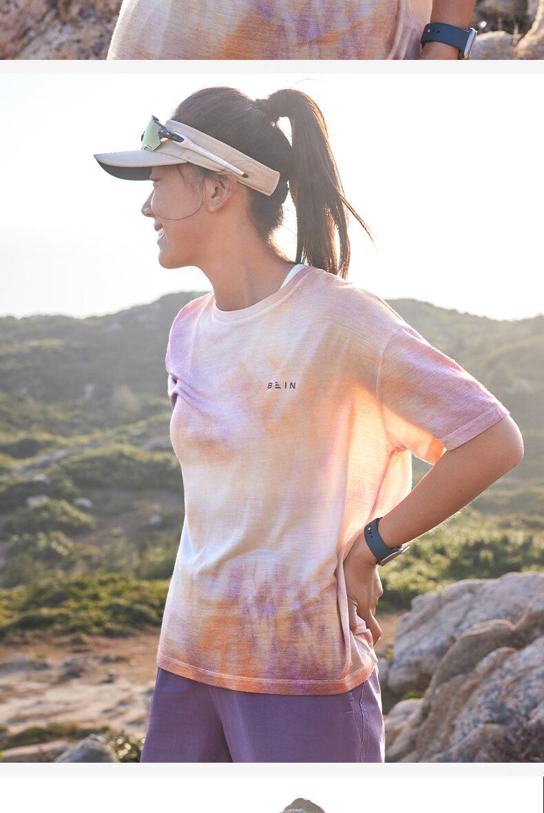 BEIN SPACE Summer New Washable Merino Wool Gradient Sports Hiking Short Sleeve T-Shirt Women J027 Sunset Orange XS 14