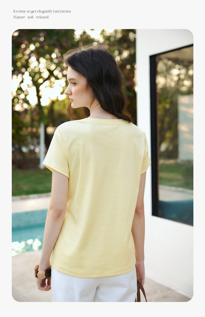Olrain European Style Summer New French Drawstring Waist Slim Fit Short Sleeve T-Shirt Women Solid Color Versatile Top Yellow L 7