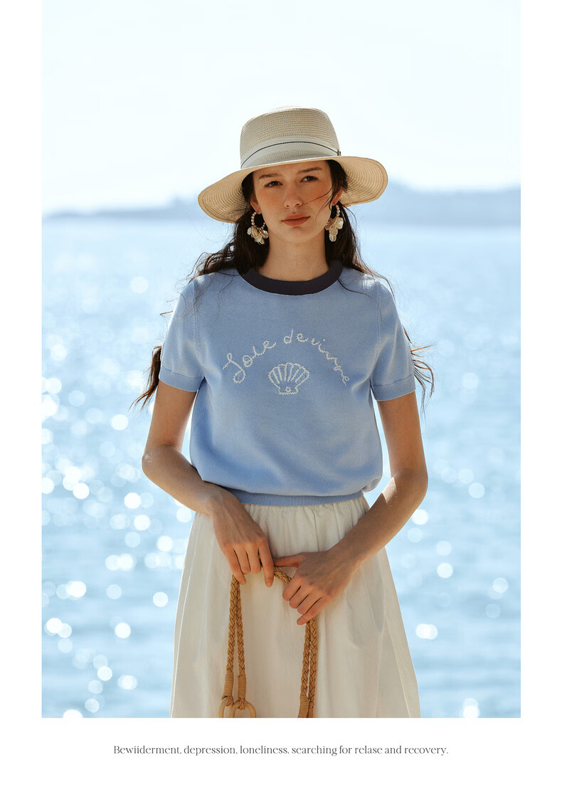 Olrain Oureier New Summer Jacquard Embroidered Round Neck Casual Short Sleeve Knit Pullover Top for Women Blue S 17