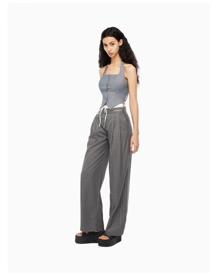 ANN ANDELMAN Official Straight-Leg Elastic Waist Spliced Striped Casual Trousers Gray M Celebrity Style 7