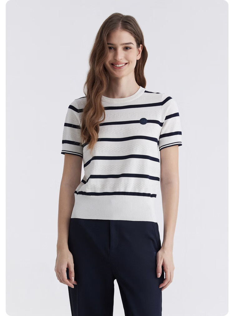 ELLE ACTIVE Colorblock Striped Knit Short Sleeve T-Shirt Women Casual Fashion Comfortable Versatile Crew Neck Top Summer Navy Blue L 12