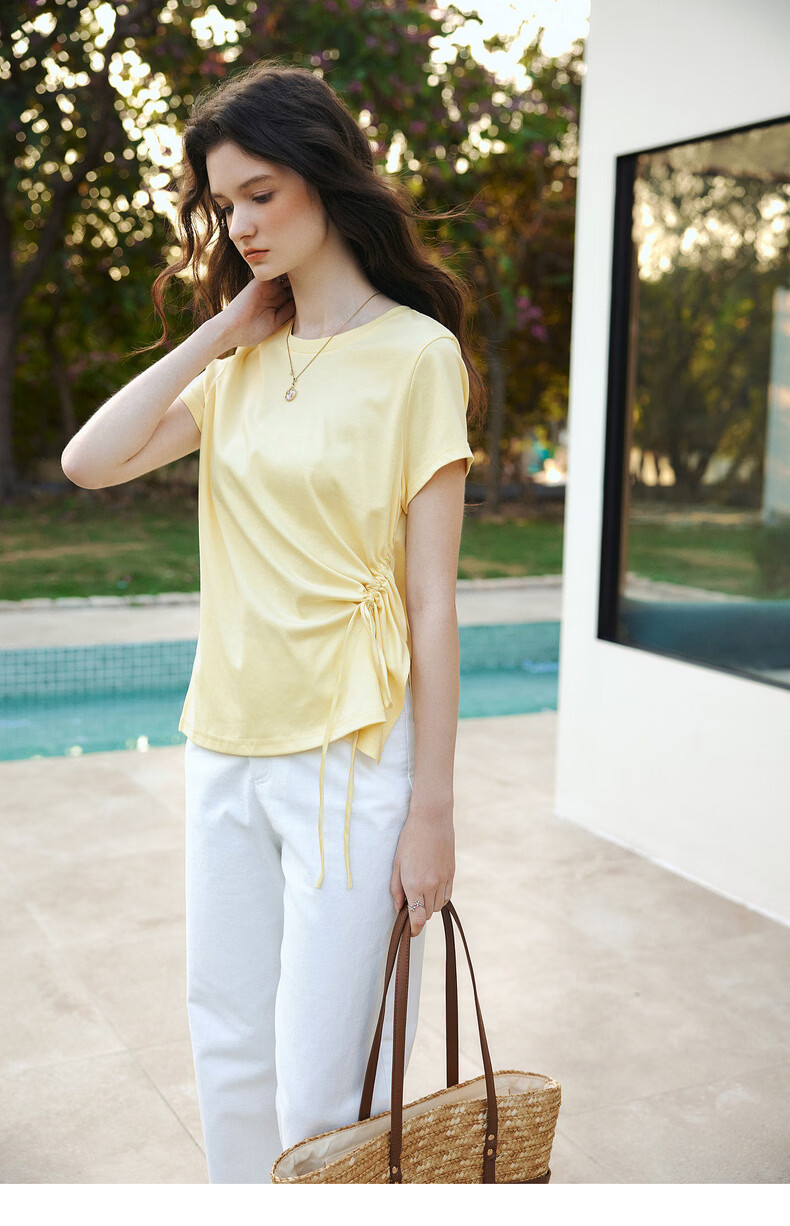 Olrain European Style Summer New French Drawstring Waist Slim Fit Short Sleeve T-Shirt Women Solid Color Versatile Top Yellow L 15