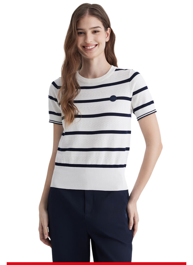 ELLE ACTIVE Colorblock Striped Knit Short Sleeve T-Shirt Women Casual Fashion Comfortable Versatile Crew Neck Top Summer Navy Blue L 2