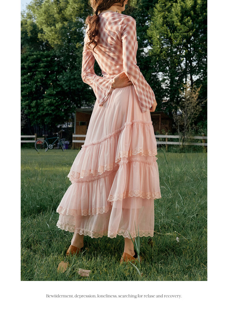 Olrain French Style Women's Skirt Spring Ruffle Lace Spliced Mesh Elegant Long Skirt Pink XL 19