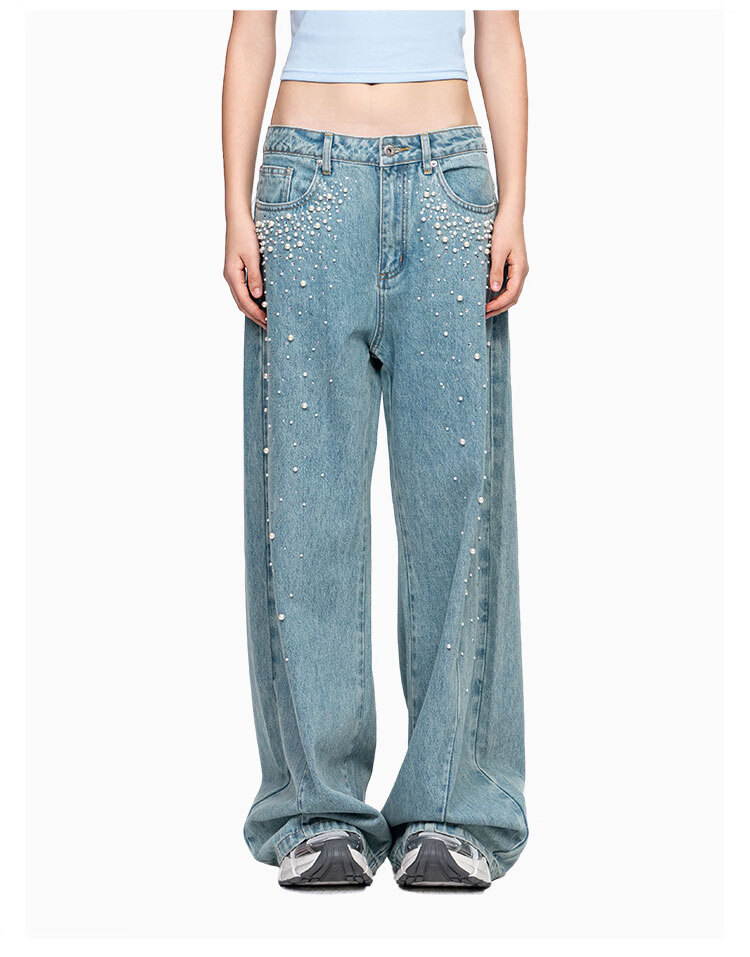 ANN ANDELMAN Curved Leg Wide-Leg Jeans with Rhinestone Pearls Washed Vintage Denim Blue Size 24 - Wuwenwen Same Style 8
