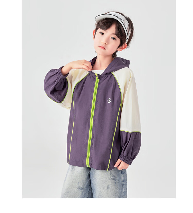 Duoduo Boys 2026 Summer Lightweight Hooded Sun Protection Jacket Outdoor Portable Breathable UPF50+ Colorblock Kids Sports Coat 28