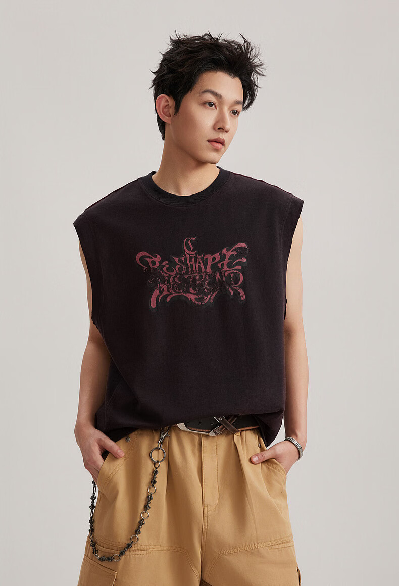 CABBEEN 100% Cotton Two-Tone Vest Men Wine Red Contrast Pioneer Graffiti Print Casual Summer 2026 Vest 2