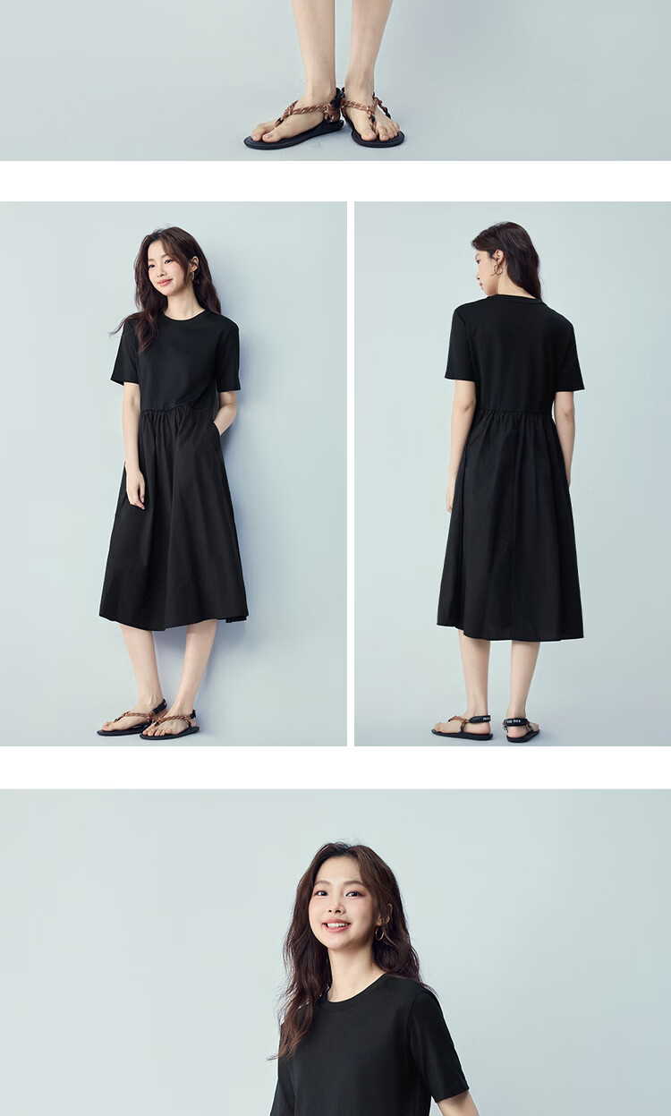 Giordano Women's Short Sleeve Dress Summer New Little Black Dress Spliced Hem Waist Cinched Round Neck Dress 13466297 11